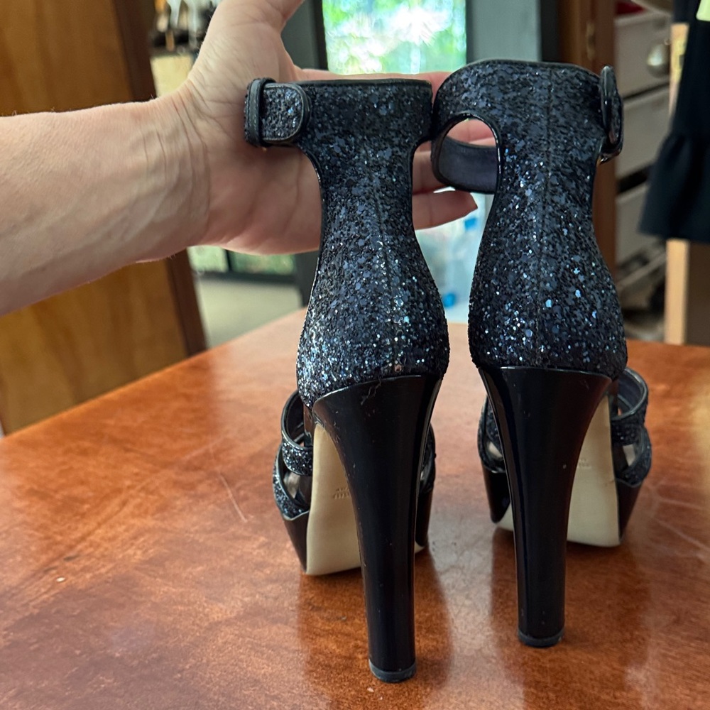 Miu Miu Navy Blue Glitter Platform Ankle-Strap Sandals - Picture 6 of 13